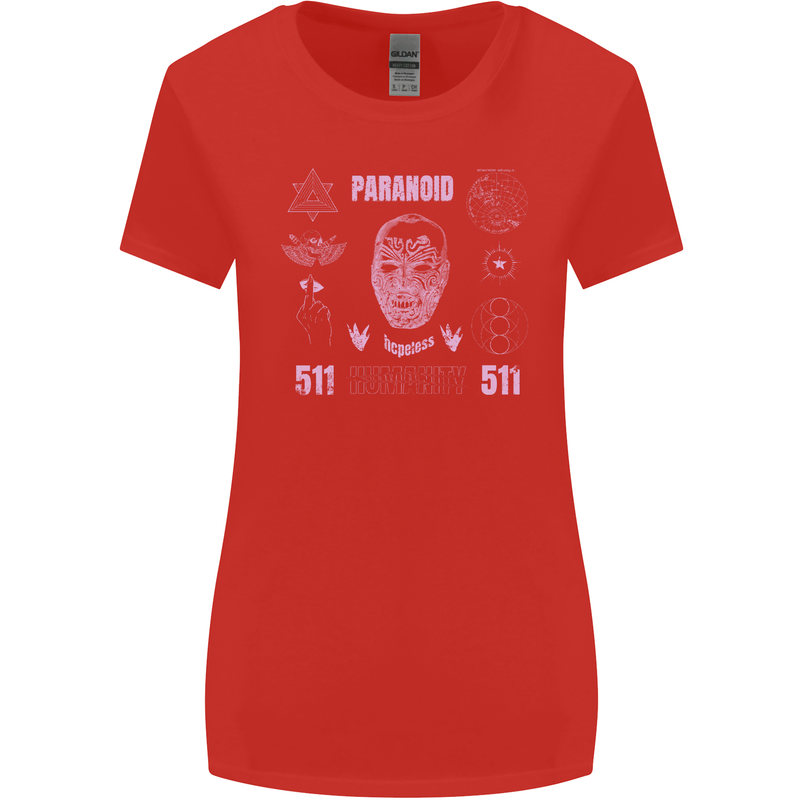 Paranoid Conspiracy Skull Womens Wider Cut T-Shirt Red