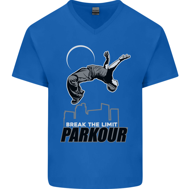 Parkour Free Running Break the Limit Mens V-Neck Cotton T-Shirt Royal Blue