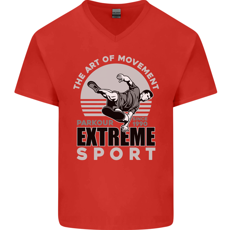 Parkour Free Running the Art of Movement Mens V-Neck Cotton T-Shirt Red