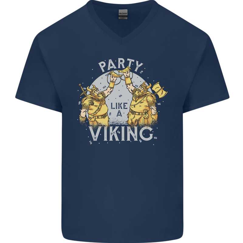 Party Like a Viking Thor Odin Valhalla Mens V-Neck Cotton T-Shirt Navy Blue