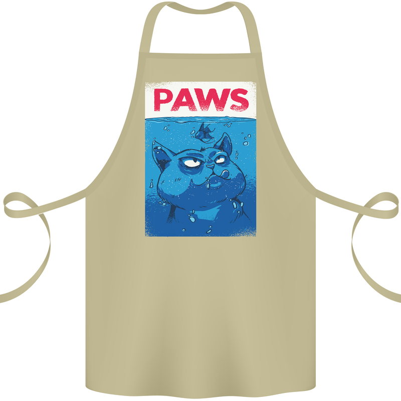 Paws Funny Cat and Goldfish Parody Cotton Apron 100% Organic Khaki