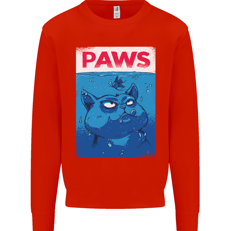 Paws Funny Cat and Goldfish Parody Kids Sweatshirt Jumper Bright Red