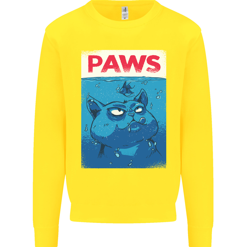 Paws Funny Cat and Goldfish Parody Kids Sweatshirt Jumper Yellow