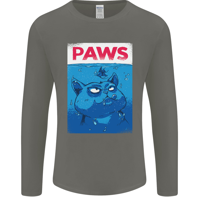 Paws Funny Cat and Goldfish Parody Mens Long Sleeve T-Shirt Charcoal