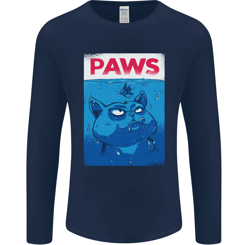 Paws Funny Cat and Goldfish Parody Mens Long Sleeve T-Shirt Navy Blue