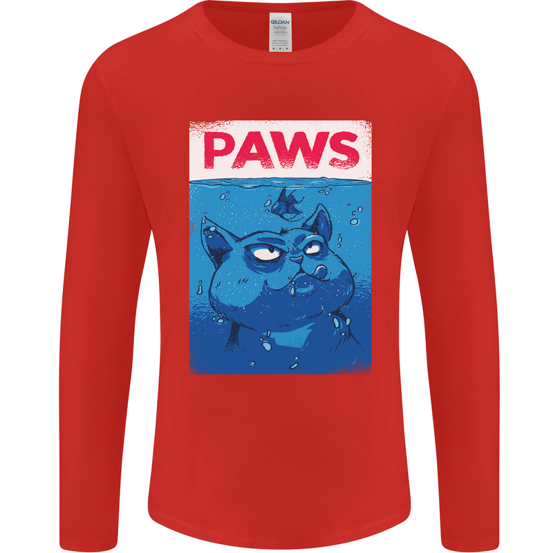 Paws Funny Cat and Goldfish Parody Mens Long Sleeve T-Shirt Red