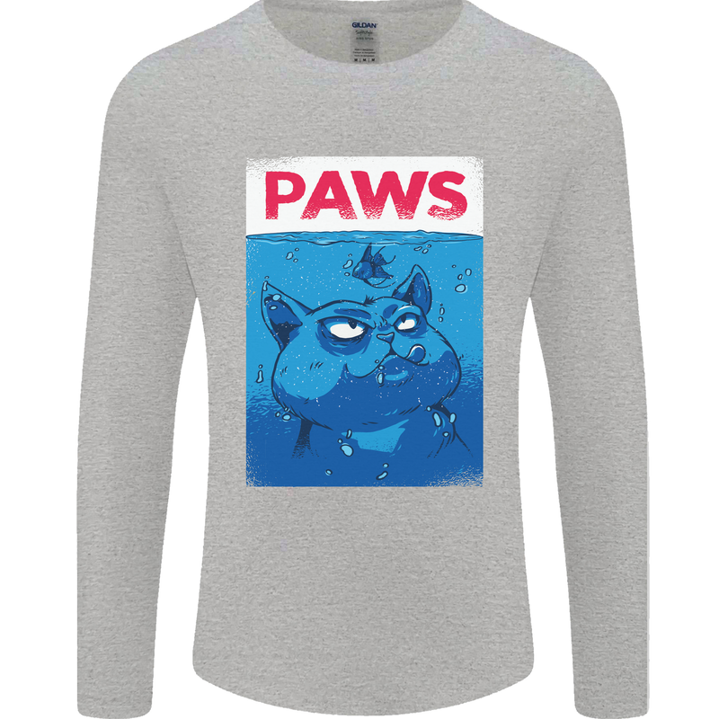 Paws Funny Cat and Goldfish Parody Mens Long Sleeve T-Shirt Sports Grey
