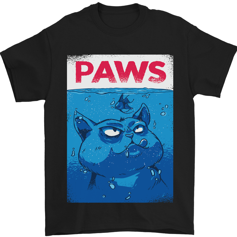 Paws Funny Cat and Goldfish Parody Mens T-Shirt 100% Cotton Black