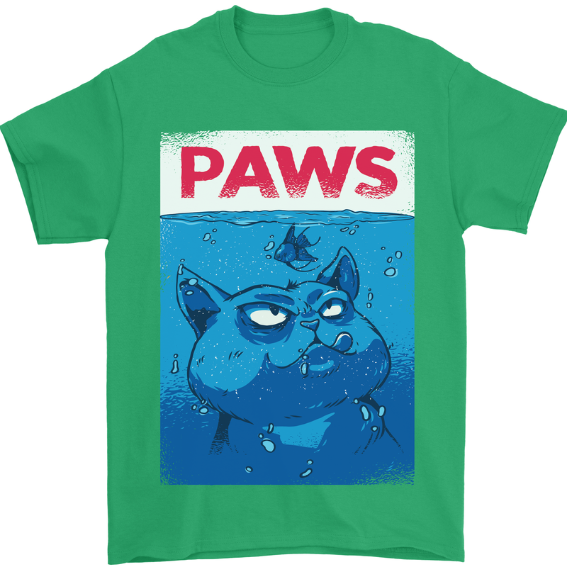 Paws Funny Cat and Goldfish Parody Mens T-Shirt 100% Cotton Irish Green