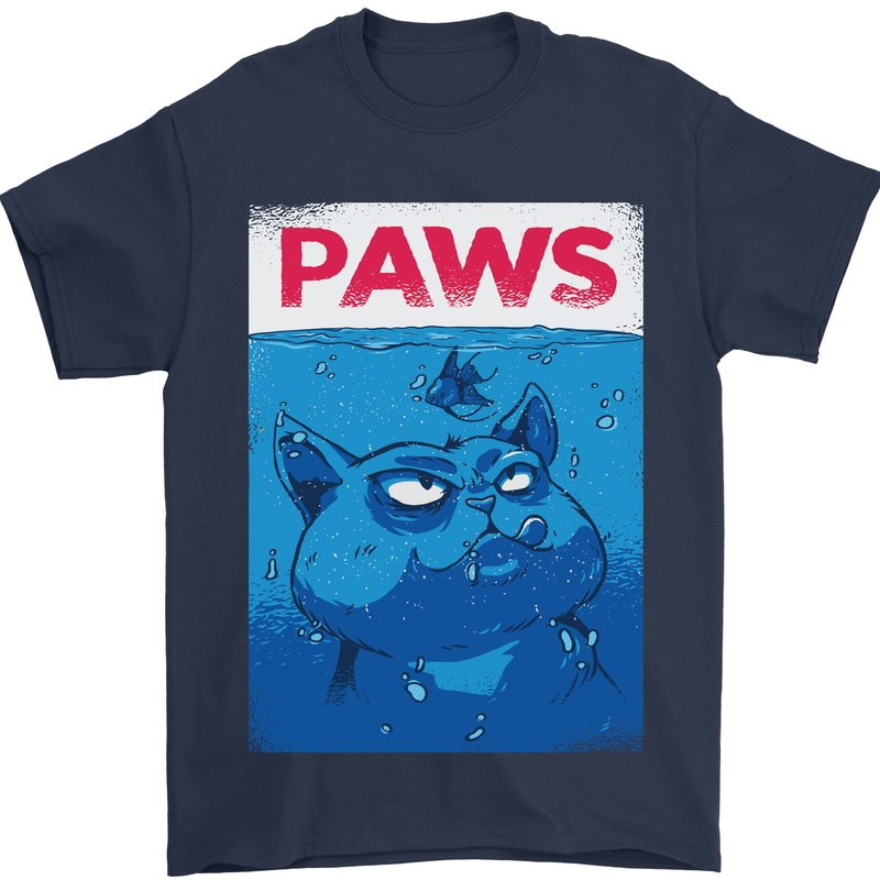 Paws Funny Cat and Goldfish Parody Mens T-Shirt 100% Cotton Navy Blue