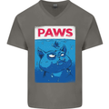 Paws Funny Cat and Goldfish Parody Mens V-Neck Cotton T-Shirt Charcoal