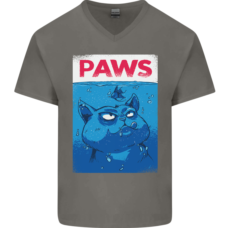 Paws Funny Cat and Goldfish Parody Mens V-Neck Cotton T-Shirt Charcoal