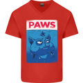 Paws Funny Cat and Goldfish Parody Mens V-Neck Cotton T-Shirt Red