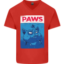 Paws Funny Cat and Goldfish Parody Mens V-Neck Cotton T-Shirt Red