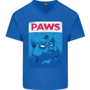Paws Funny Cat and Goldfish Parody Mens V-Neck Cotton T-Shirt Royal Blue