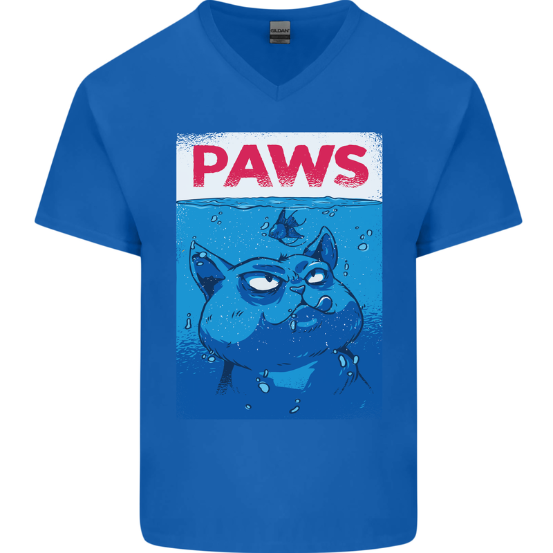 Paws Funny Cat and Goldfish Parody Mens V-Neck Cotton T-Shirt Royal Blue