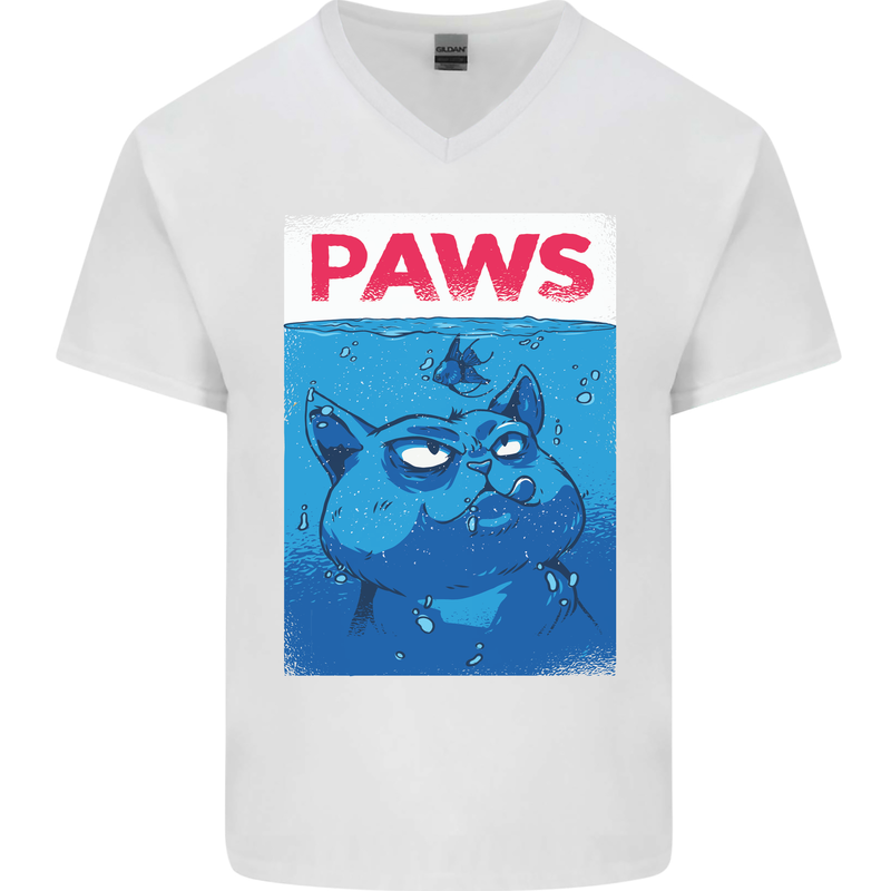 Paws Funny Cat and Goldfish Parody Mens V-Neck Cotton T-Shirt White