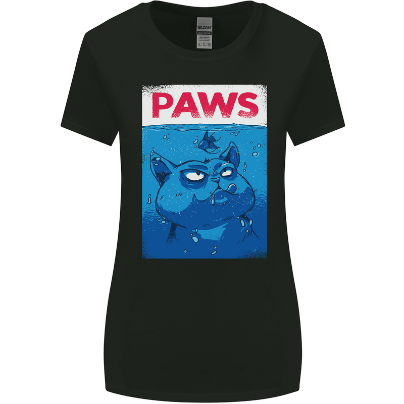 Paws Funny Cat and Goldfish Parody Womens Wider Cut T-Shirt Black