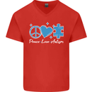 Peace Autism Austistic Mens V-Neck Cotton T-Shirt Red
