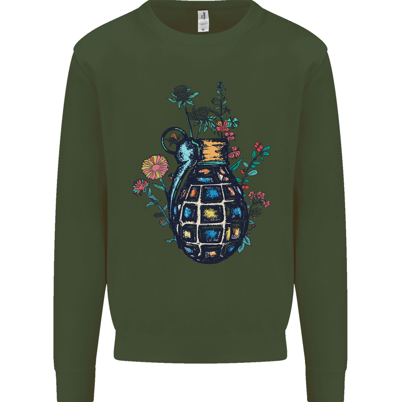 Peace Grenade Anti-War Pacifist World Hippy Kids Sweatshirt Jumper Forest Green