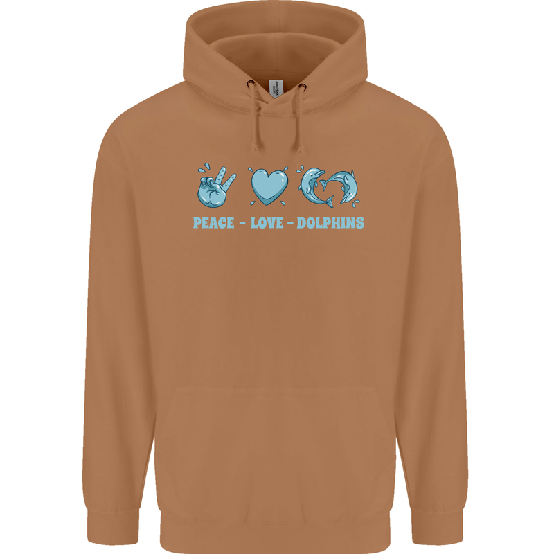 Peace Love Dolphins Mens 80% Cotton Hoodie Caramel Latte