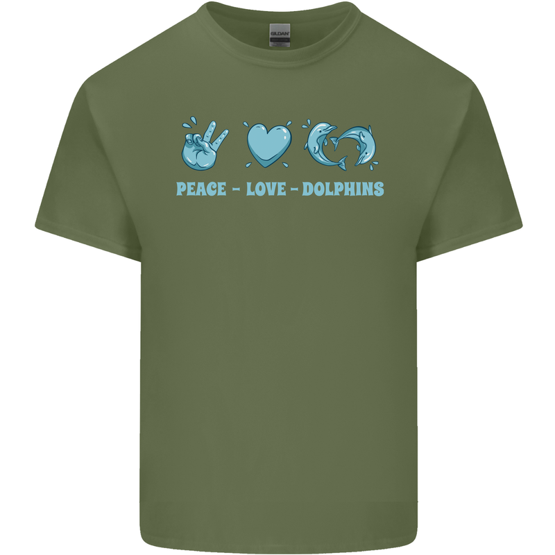Peace Love Dolphins Mens Cotton T-Shirt Tee Top Military Green
