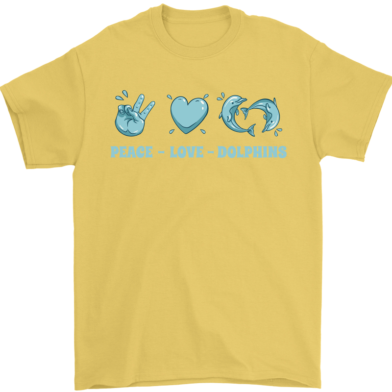 Peace Love Dolphins Mens T-Shirt 100% Cotton Yellow
