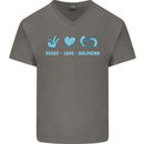 Peace Love Dolphins Mens V-Neck Cotton T-Shirt Charcoal