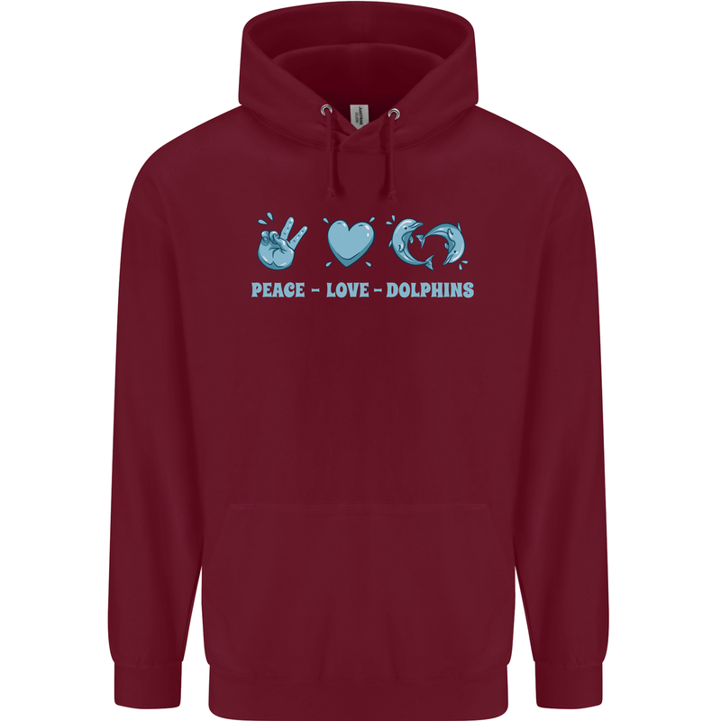 Peace Love Dolphins Sea life Childrens Kids Hoodie Maroon