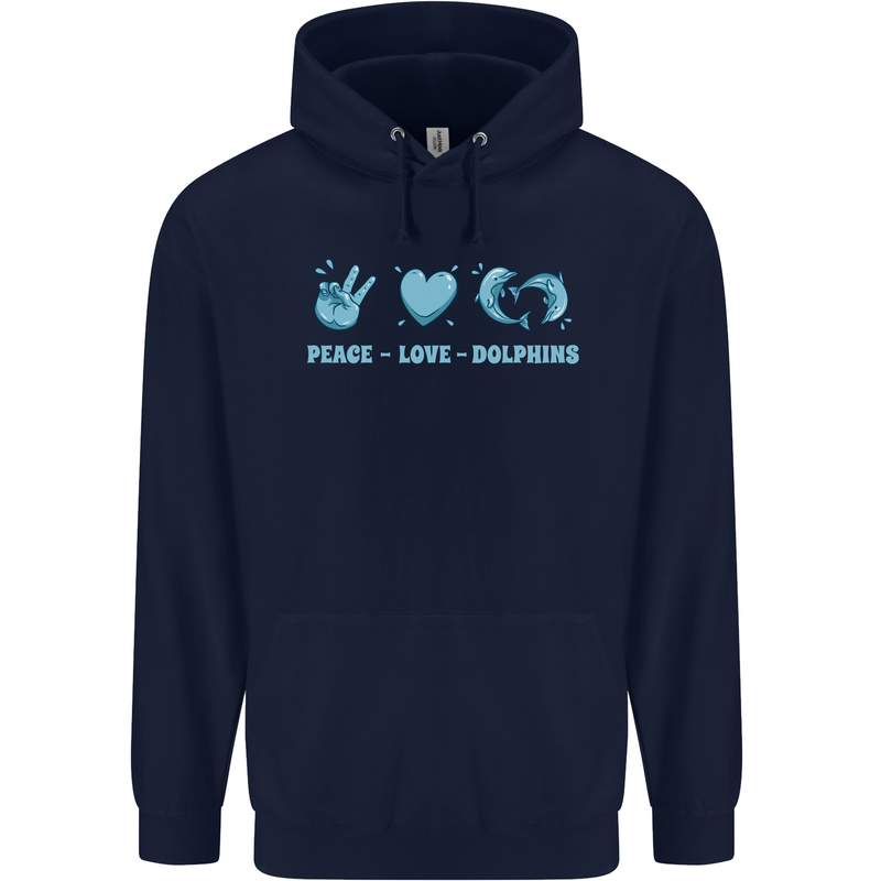 Peace Love Dolphins Sea life Childrens Kids Hoodie Navy Blue