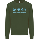 Peace Love Dolphins Sea life Kids Sweatshirt Jumper Forest Green