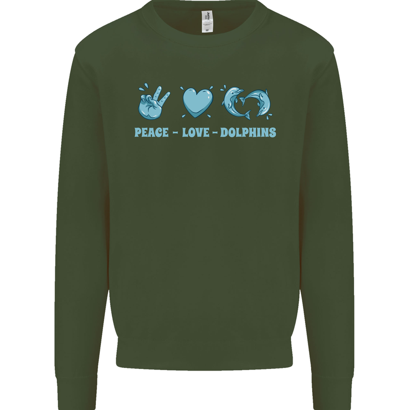 Peace Love Dolphins Sea life Kids Sweatshirt Jumper Forest Green