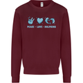 Peace Love Dolphins Sea life Kids Sweatshirt Jumper Maroon