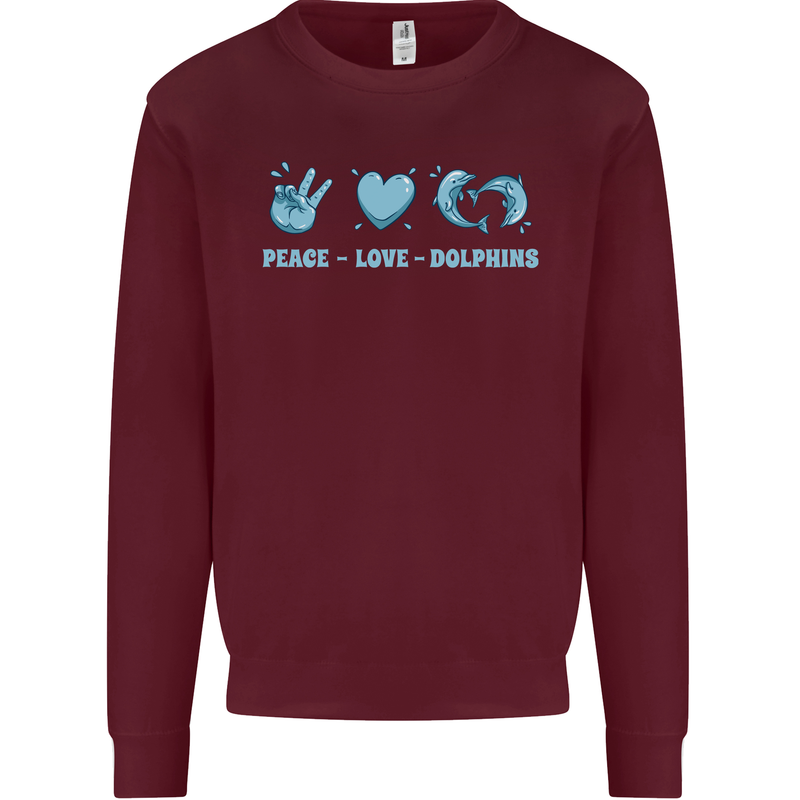 Peace Love Dolphins Sea life Kids Sweatshirt Jumper Maroon