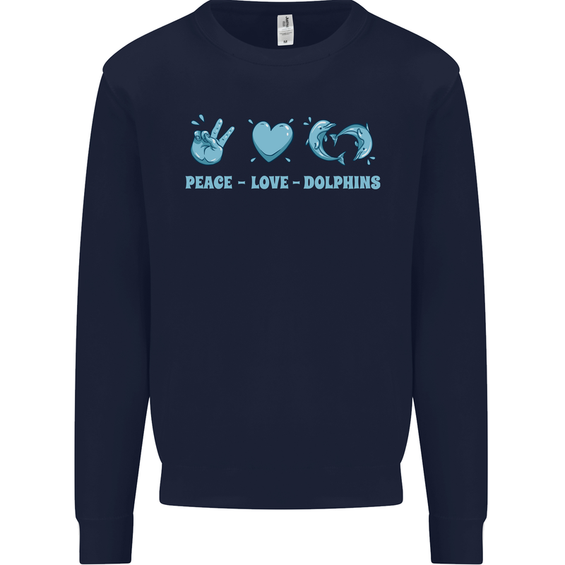 Peace Love Dolphins Sea life Kids Sweatshirt Jumper Navy Blue