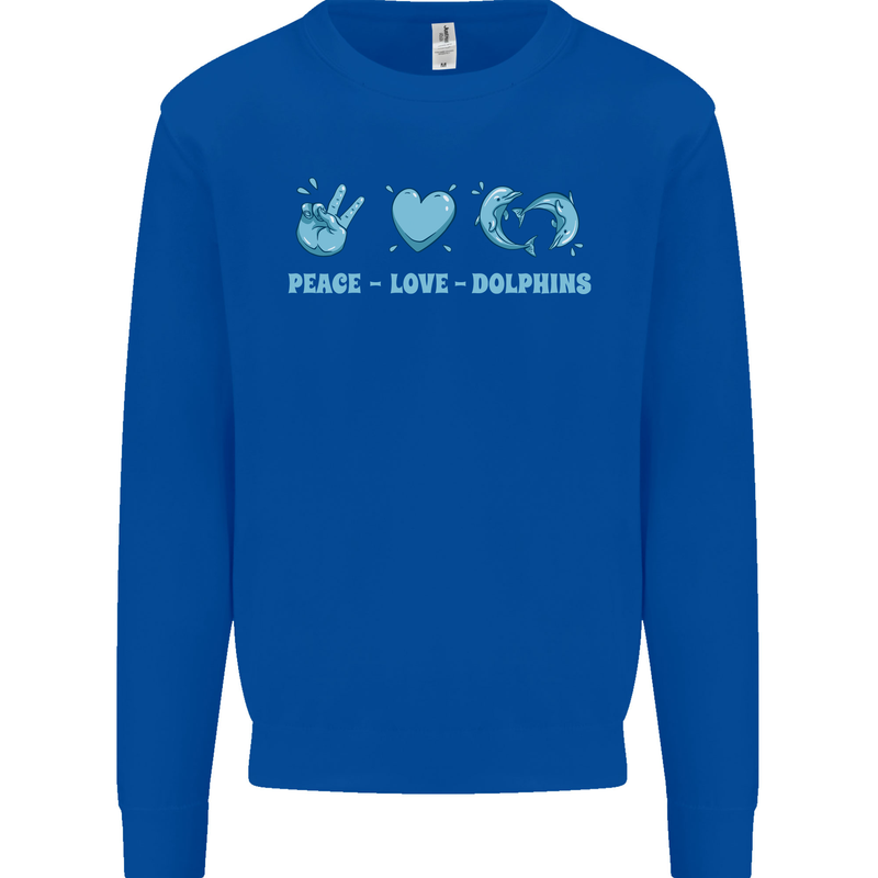 Peace Love Dolphins Sea life Kids Sweatshirt Jumper Royal Blue