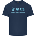 Peace Love Dolphins Sea life Mens Cotton T-Shirt Tee Top Navy Blue