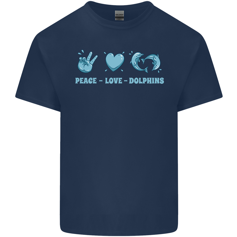 Peace Love Dolphins Sea life Mens Cotton T-Shirt Tee Top Navy Blue