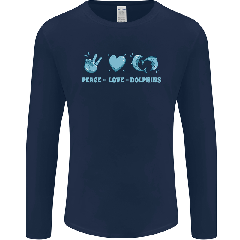 Peace Love Dolphins Sea life Mens Long Sleeve T-Shirt Navy Blue