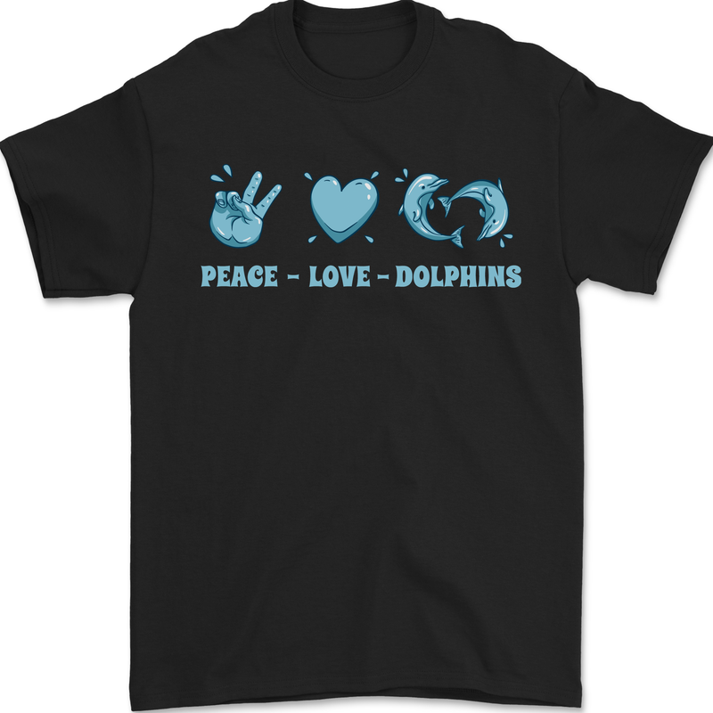 Peace Love Dolphins Sea life Mens T-Shirt 100% Cotton Black
