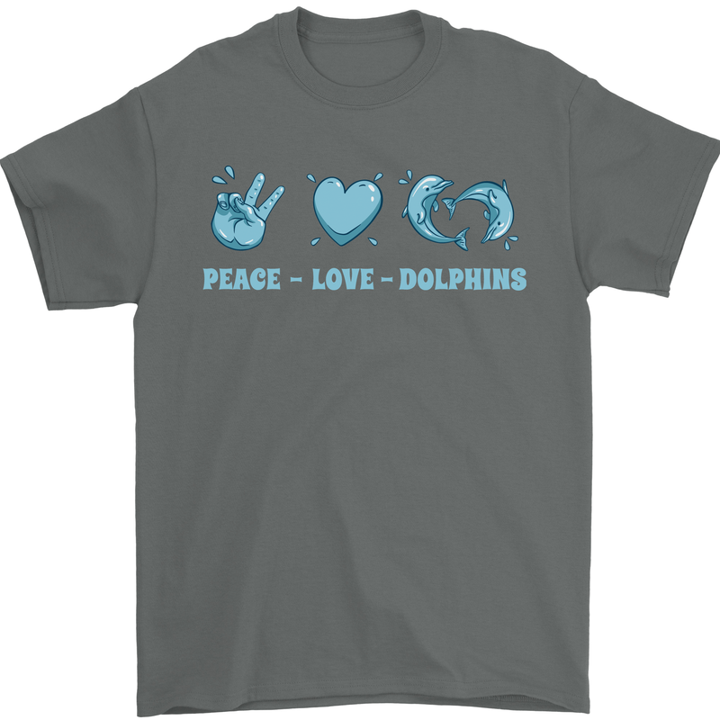 Peace Love Dolphins Sea life Mens T-Shirt 100% Cotton Charcoal