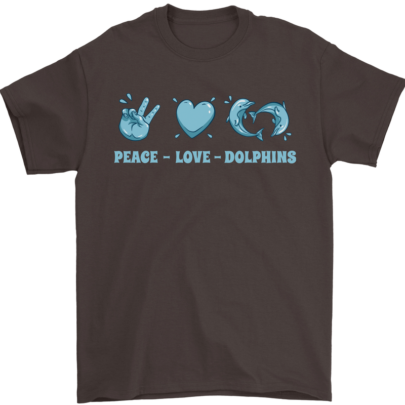 Peace Love Dolphins Sea life Mens T-Shirt 100% Cotton Dark Chocolate