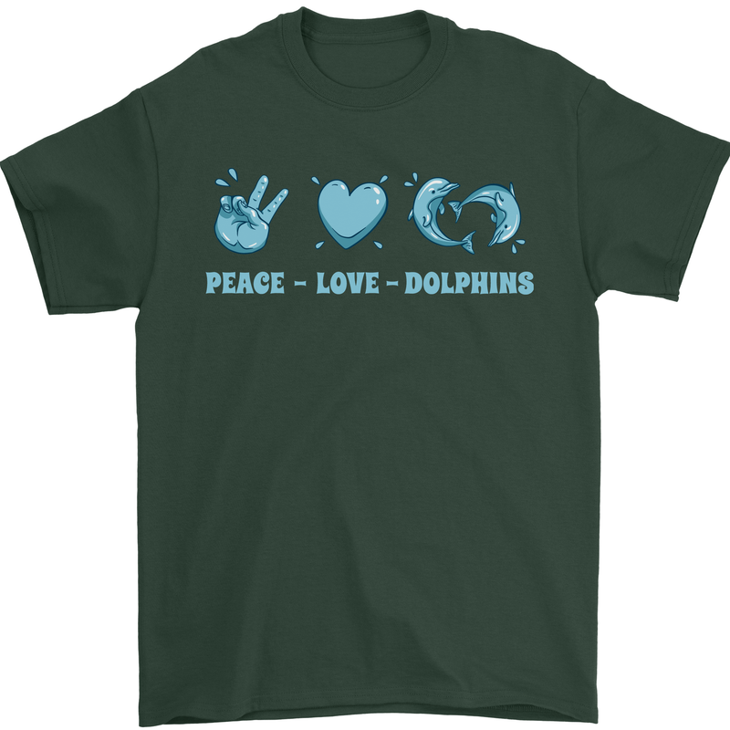Peace Love Dolphins Sea life Mens T-Shirt 100% Cotton Forest Green