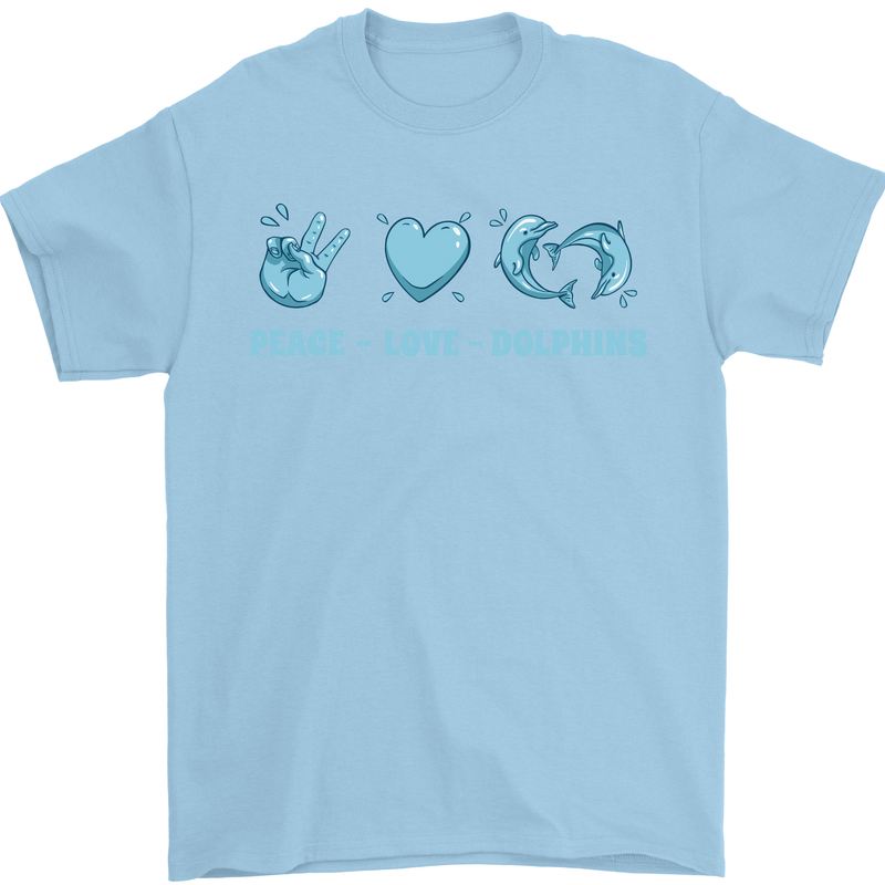 Peace Love Dolphins Sea life Mens T-Shirt 100% Cotton Light Blue