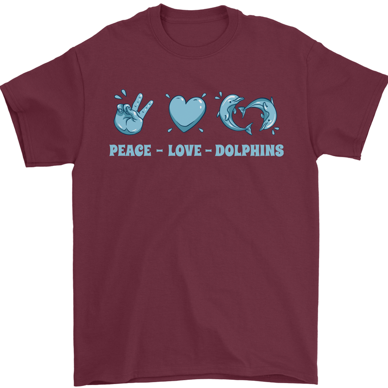 Peace Love Dolphins Sea life Mens T-Shirt 100% Cotton Maroon
