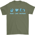 Peace Love Dolphins Sea life Mens T-Shirt 100% Cotton Military Green