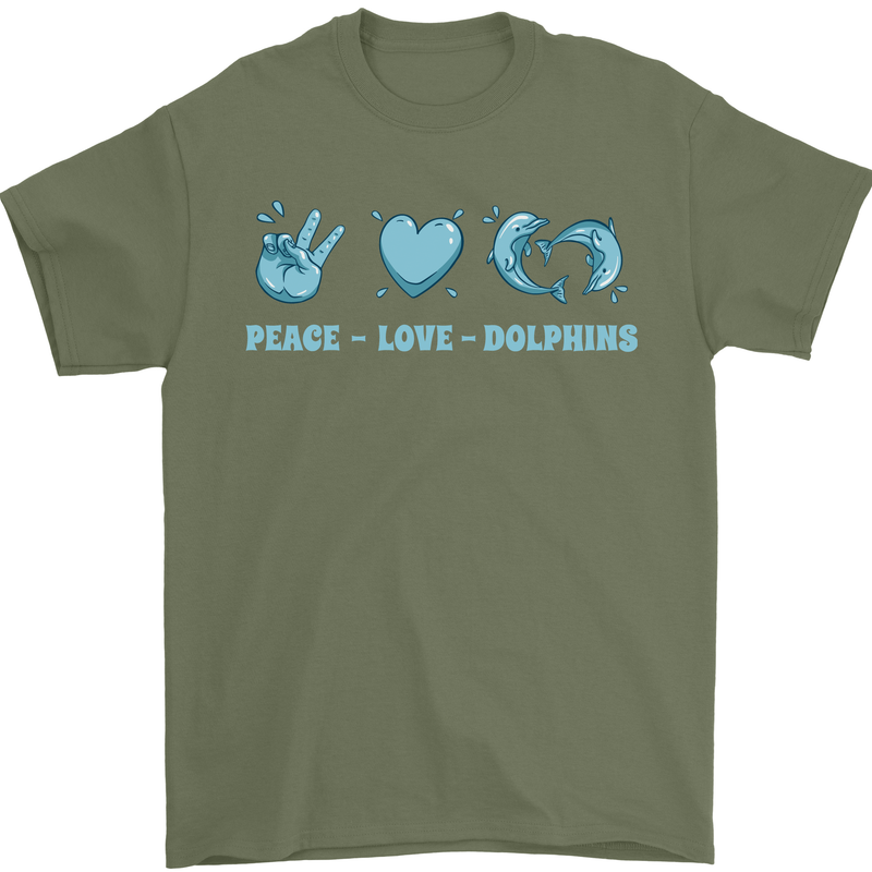 Peace Love Dolphins Sea life Mens T-Shirt 100% Cotton Military Green