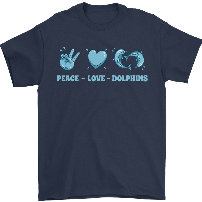 Peace Love Dolphins Sea life Mens T-Shirt 100% Cotton Navy Blue