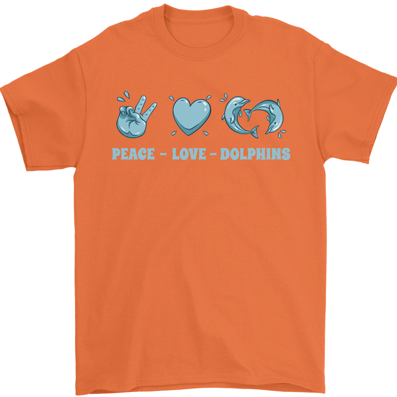 Peace Love Dolphins Sea life Mens T-Shirt 100% Cotton Orange