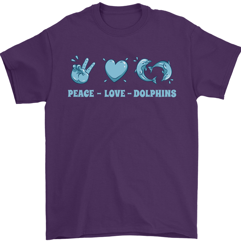 Peace Love Dolphins Sea life Mens T-Shirt 100% Cotton Purple